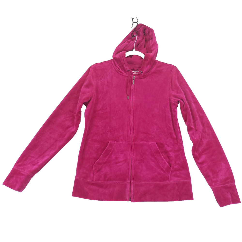 Merona Velour Full Zip Hoodie Women M Fuchsia Pink Long Sleeve Pocket‎ Causal